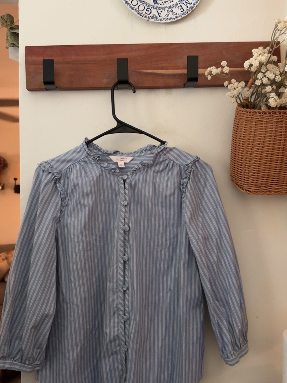 LC Lauren Conrad Light Blue and White Striped Ruffle-Trim Blouse